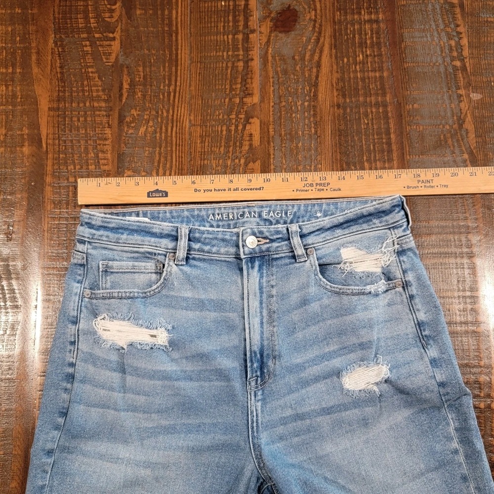 American Eagle Stretch Mom Straight Jean Blue Wash Denim Distressed Size 14R - Picture 4 of 9